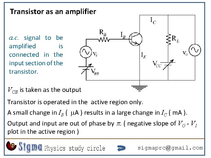 Transistor as an amplifier a. c. signal to be amplified is connected in the