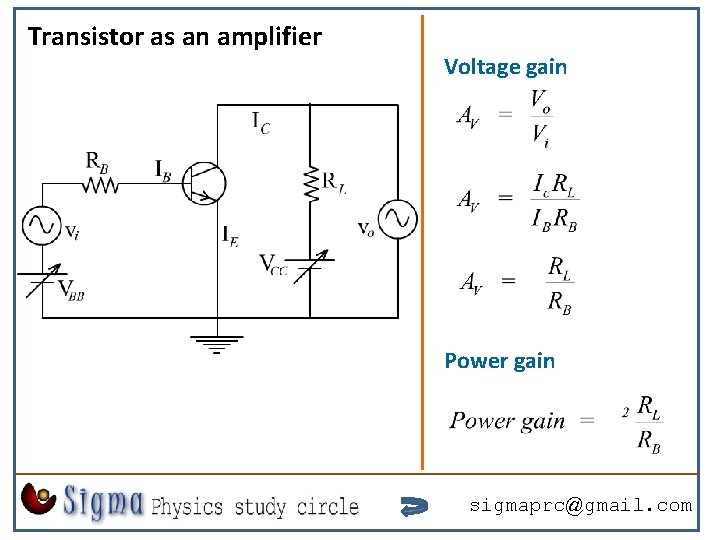 Transistor as an amplifier Voltage gain Power gain sigmaprc@gmail. com Transistor as an amplifier Voltage gain Power gain sigmaprc@gmail. com