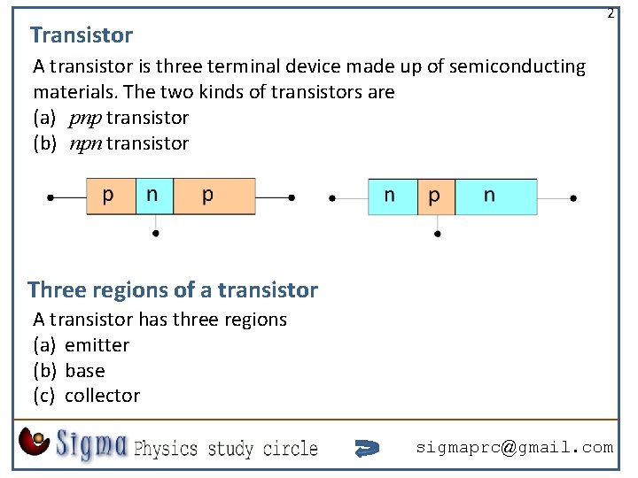 2 Transistor A transistor is three terminal device made up of semiconducting materials. The