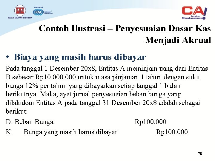 Contoh Ilustrasi – Penyesuaian Dasar Kas Menjadi Akrual • Biaya yang masih harus dibayar