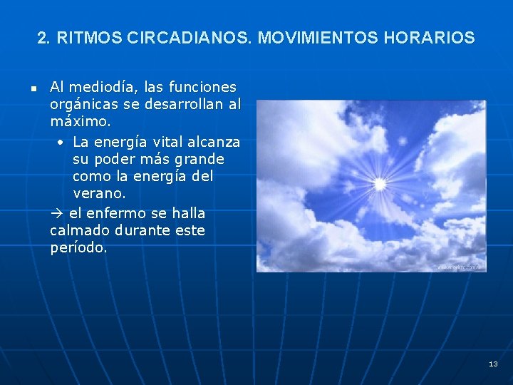 2. RITMOS CIRCADIANOS. MOVIMIENTOS HORARIOS n Al mediodía, las funciones orgánicas se desarrollan al