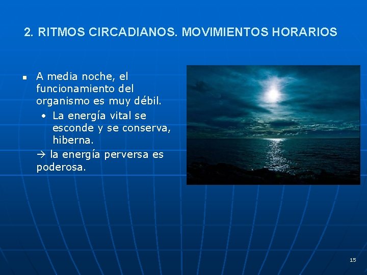 2. RITMOS CIRCADIANOS. MOVIMIENTOS HORARIOS n A media noche, el funcionamiento del organismo es