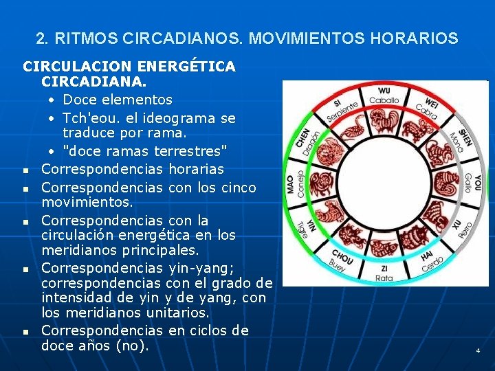 2. RITMOS CIRCADIANOS. MOVIMIENTOS HORARIOS CIRCULACION ENERGÉTICA CIRCADIANA. • Doce elementos • Tch'eou. el