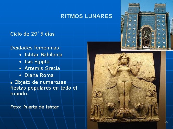 RITMOS LUNARES Ciclo de 29´ 5 días Deidades femeninas: • Ishtar Babilonia • Isis