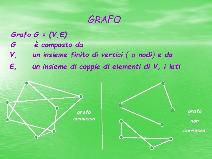 GRAFO Grafo G = (V, E) G è composto da V, un insieme finito
