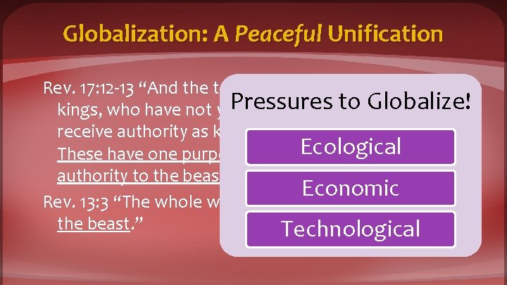 Globalization: A Peaceful Unification Rev. 17: 12 -13 “And the ten horns which you