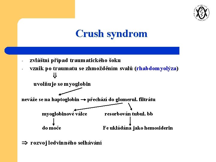 Crush syndrom - zvláštní případ traumatického šoku vznik po traumatu se zhmožděním svalů (rhabdomyolýza)