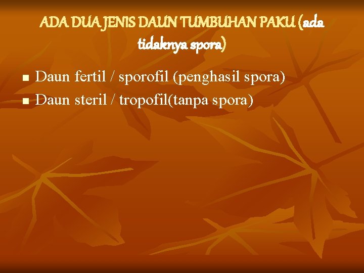 ADA DUA JENIS DAUN TUMBUHAN PAKU (ada tidaknya spora) n n Daun fertil / ADA DUA JENIS DAUN TUMBUHAN PAKU (ada tidaknya spora) n n Daun fertil /