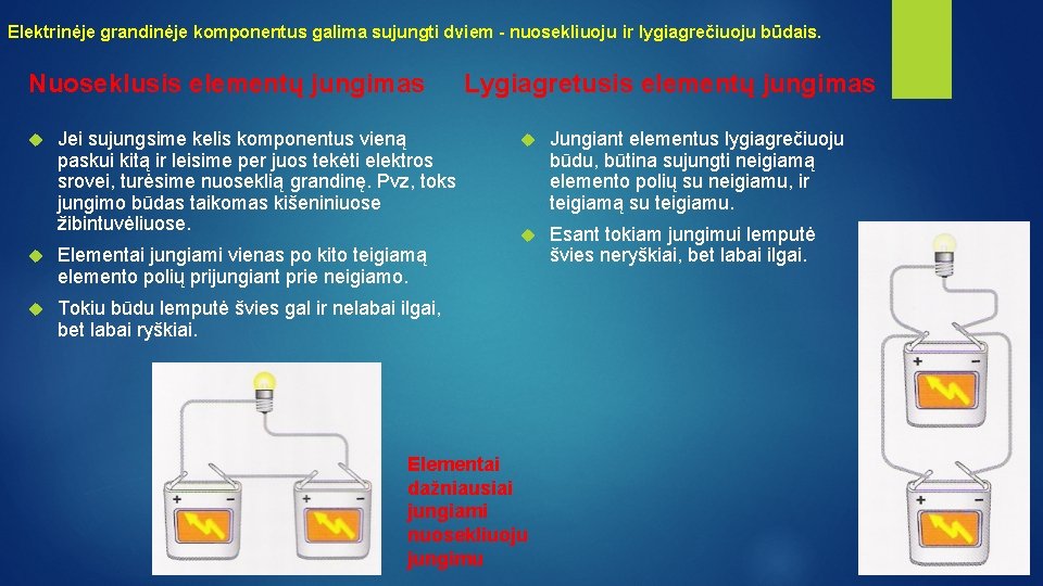 Elektrinėje grandinėje komponentus galima sujungti dviem - nuosekliuoju ir lygiagrečiuoju būdais. Nuoseklusis elementų jungimas