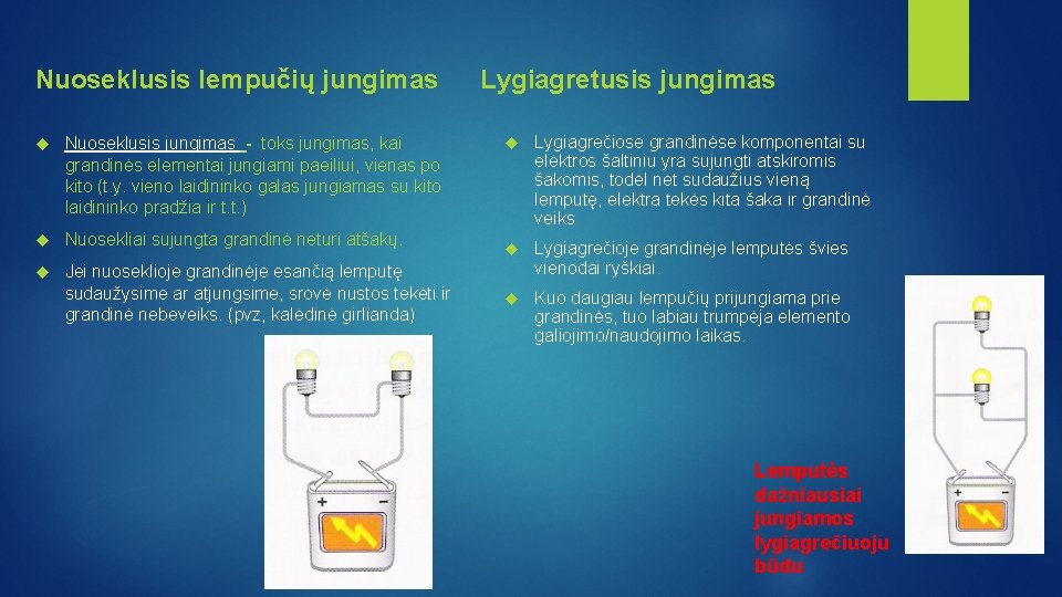 Nuoseklusis lempučių jungimas Nuoseklusis jungimas - toks jungimas, kai grandinės elementai jungiami paeiliui, vienas