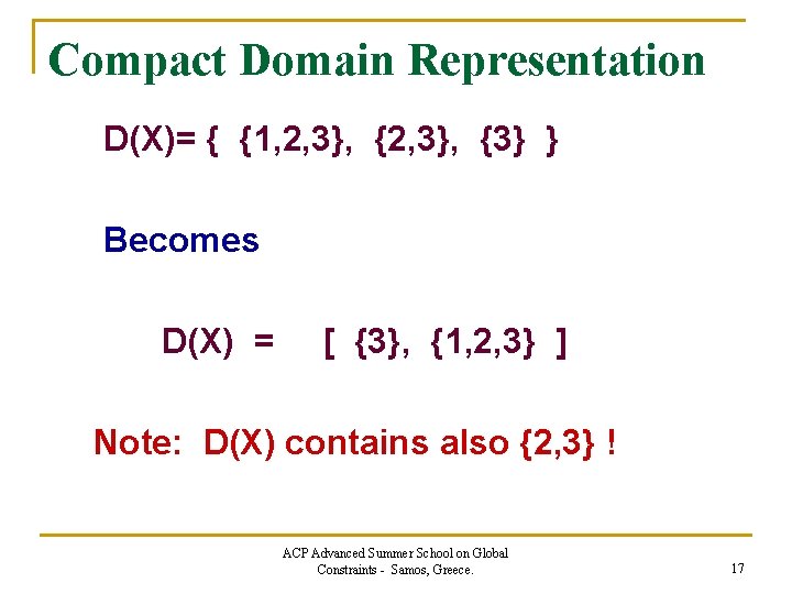 Compact Domain Representation D(X)= { {1, 2, 3}, {3} } Becomes D(X) = [