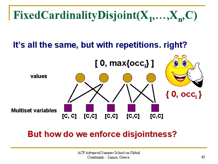 Fixed. Cardinality. Disjoint(X 1, …, Xn, C) It’s all the same, but with repetitions.