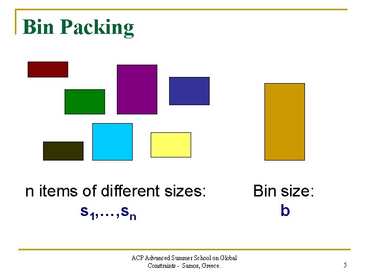 Bin Packing n items of different sizes: s 1, …, sn ACP Advanced Summer