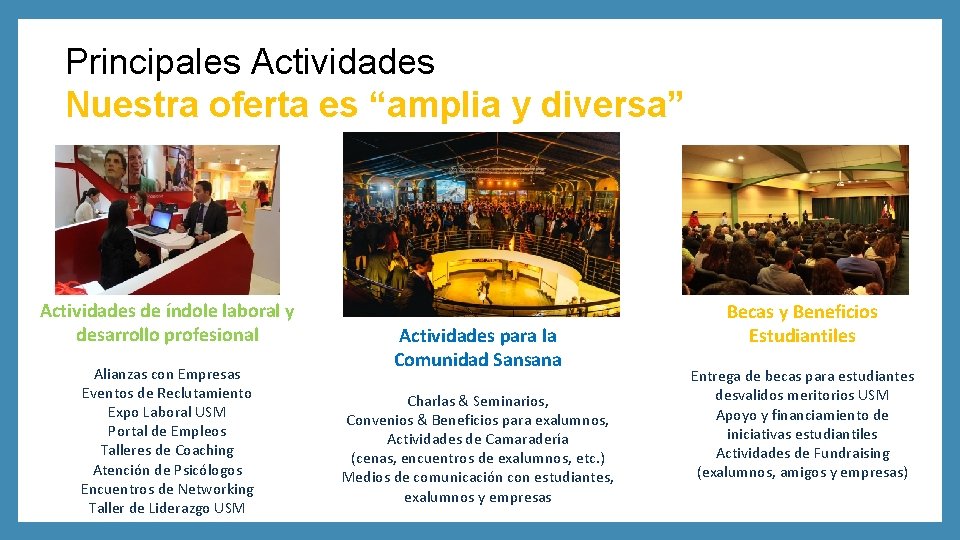 Principales Actividades Nuestra oferta es “amplia y diversa” Actividades de índole laboral y desarrollo