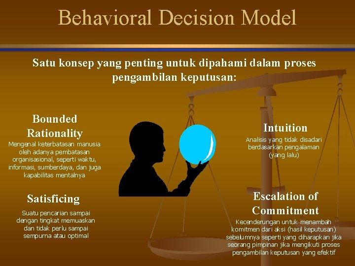 Behavioral Decision Model Satu konsep yang penting untuk dipahami dalam proses pengambilan keputusan: Bounded