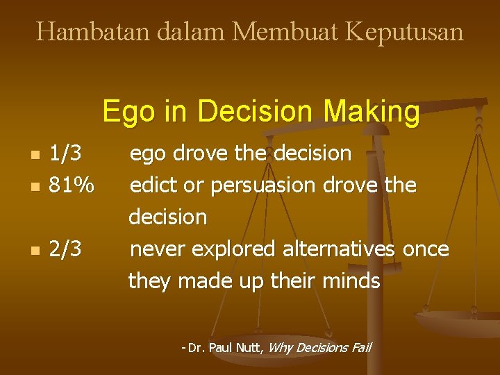 Hambatan dalam Membuat Keputusan Ego in Decision Making n 1/3 81% n 2/3 n