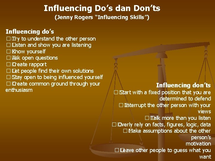 Influencing Do’s dan Don’ts (Jenny Rogers “Influencing Skills”) Influencing do’s �� Try to understand