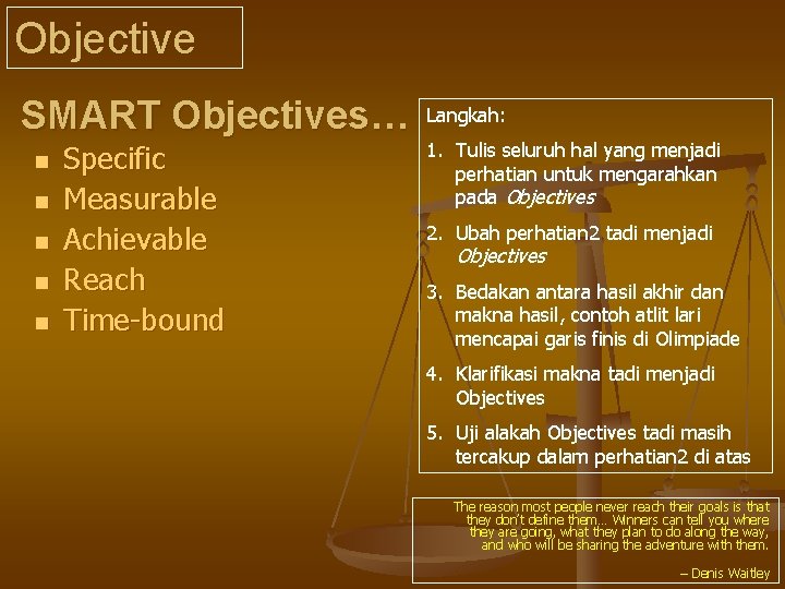 Objective SMART Objectives… n n n Specific Measurable Achievable Reach Time-bound Langkah: 1. Tulis