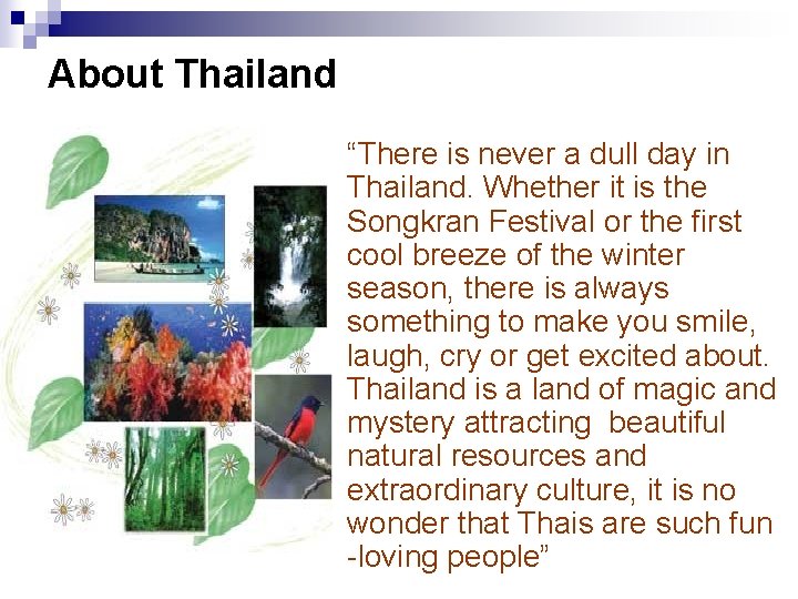 About Thailand “There is never a dull day in Thailand. Whether it is the