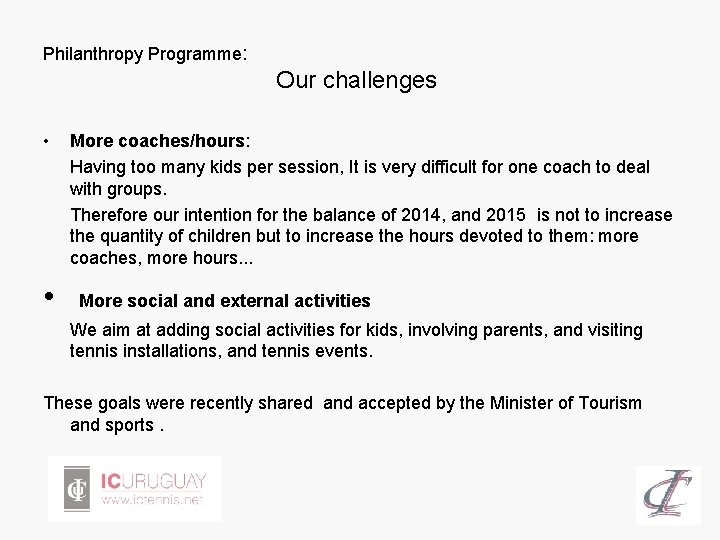 Philanthropy Programme: Our challenges • More coaches/hours: Having too many kids per session, It