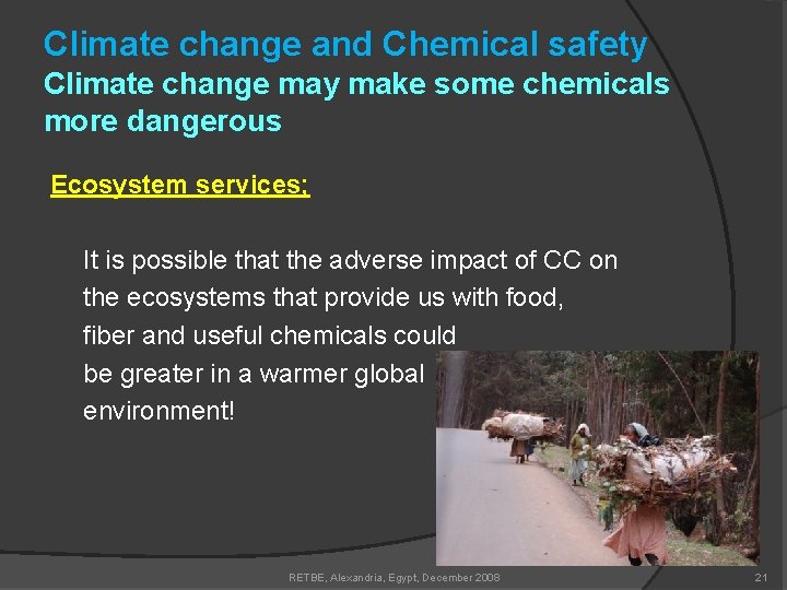 Climate change and Chemical safety Climate change may make some chemicals more dangerous Ecosystem