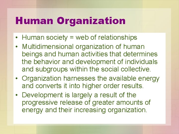 Human Organization • Human society = web of relationships • Multidimensional organization of human