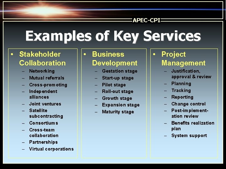 APEC-CPI Examples of Key Services • Stakeholder Collaboration – – – – – Networking