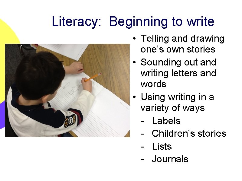 Literacy: Beginning to write • Telling and drawing one’s own stories • Sounding out