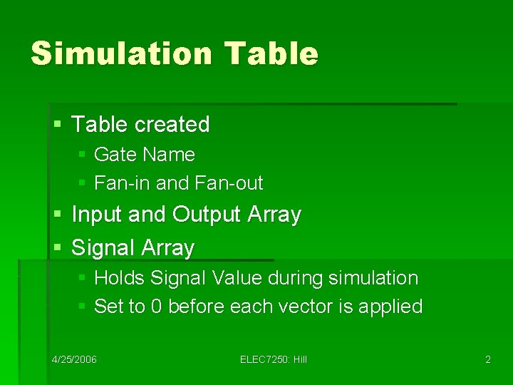 Simulation Table § Table created § Gate Name § Fan-in and Fan-out § Input