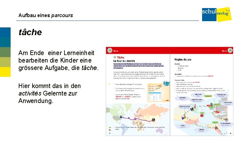 Aufbau eines parcours tâche Am Ende einer Lerneinheit bearbeiten die Kinder eine grössere Aufgabe,