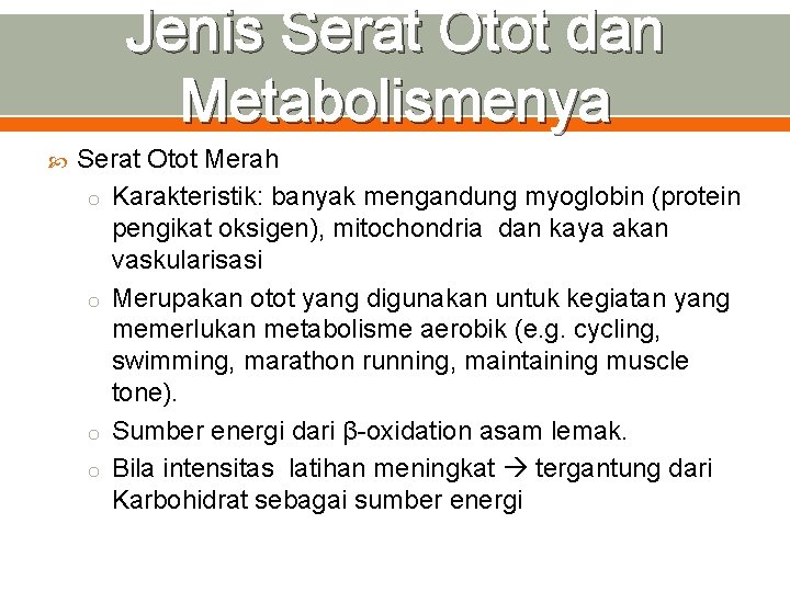 Jenis Serat Otot dan Metabolismenya Serat Otot Merah o Karakteristik: banyak mengandung myoglobin (protein