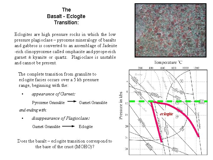 The Basalt - Eclogite Transition: Eclogites are high pressure rocks in which the low