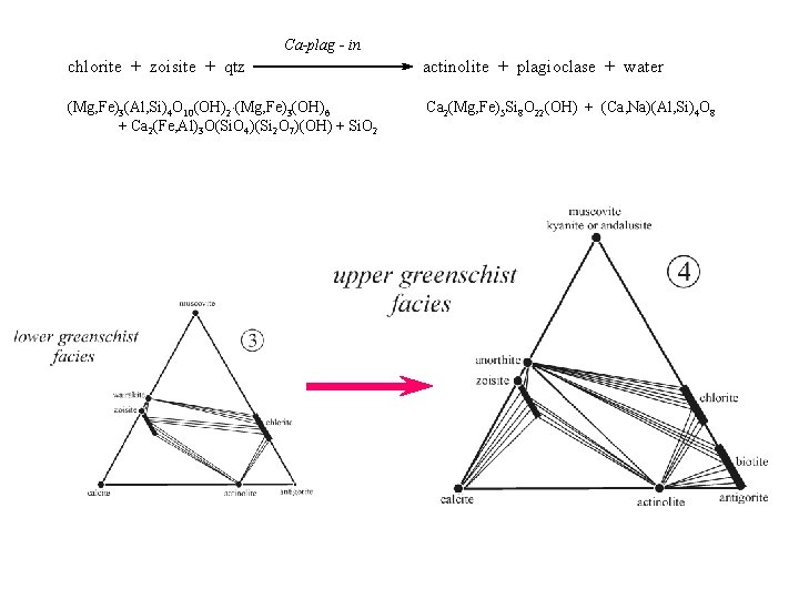 Ca-plag - in chlorite + zoisite + qtz actinolite + plagioclase + water (Mg,
