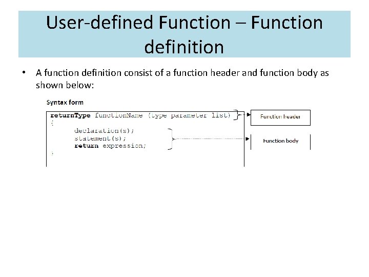 User-defined Function – Function definition • A function definition consist of a function header