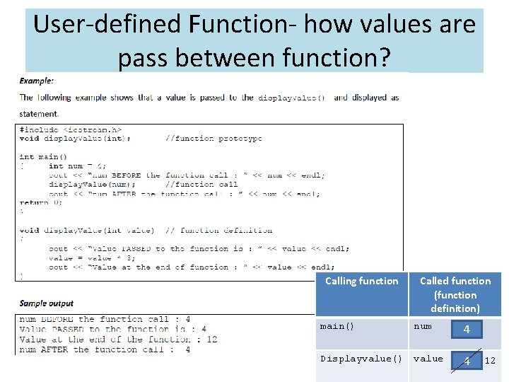 User-defined Function- how values are pass between function? Calling function Called function (function definition)