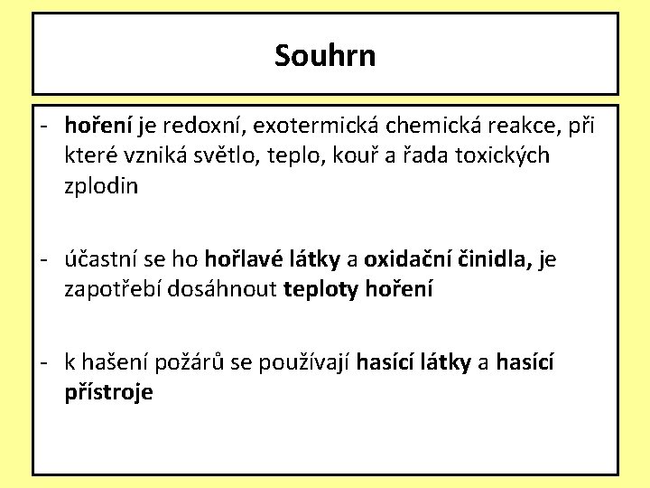 Souhrn - hoření je redoxní, exotermická chemická reakce, při které vzniká světlo, teplo, kouř