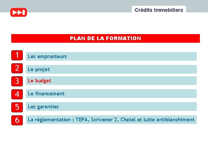 Crédits Immobiliers PLAN DE LA FORMATION 1 Les emprunteurs 2 Le projet 3 Le