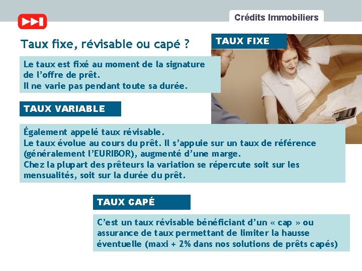 Crédits Immobiliers Taux fixe, révisable ou capé ? TAUX FIXE Le taux est fixé