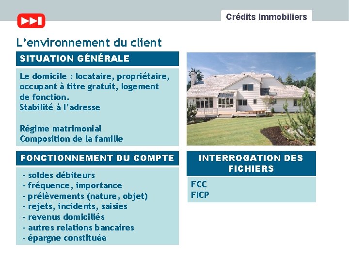 Crédits Immobiliers L’environnement du client SITUATION GÉNÉRALE Le domicile : locataire, propriétaire, occupant à