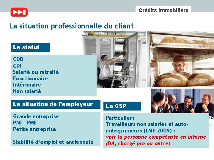 Crédits Immobiliers La situation professionnelle du client Le statut CDD CDI Salarié ou retraité