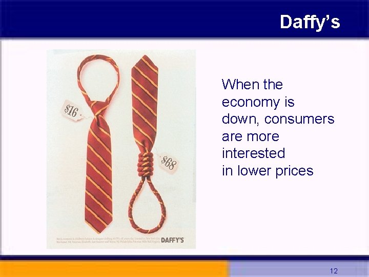 Daffy’s When the economy is down, consumers are more interested in lower prices 12