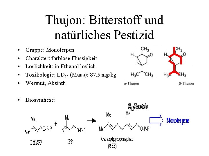 Thujon: Bitterstoff und natürliches Pestizid • • • Gruppe: Monoterpen Charakter: farblose Flüssigkeit Löslichkeit: