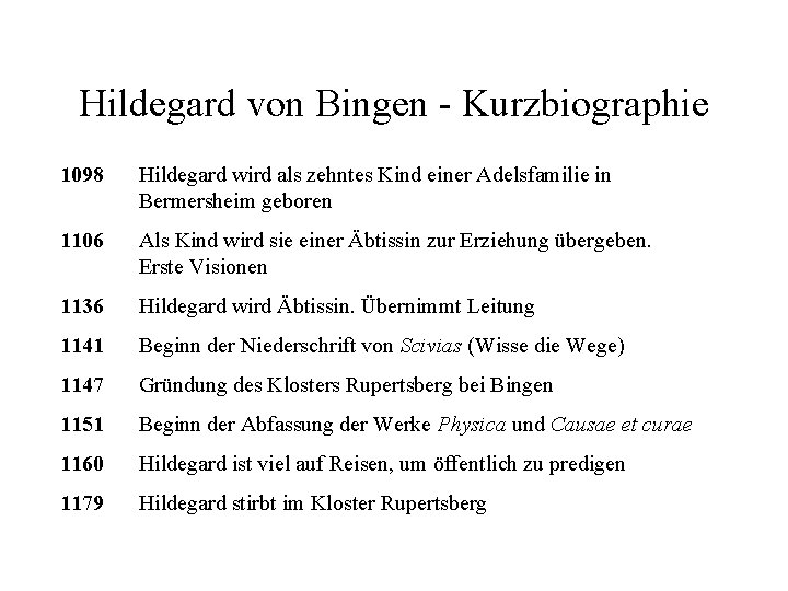 Hildegard von Bingen - Kurzbiographie 1098 Hildegard wird als zehntes Kind einer Adelsfamilie in