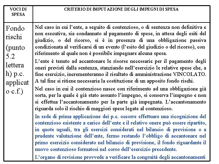 VOCI DI SPESA CRITERIO DI IMPUTAZIONE DEGLI IMPEGNI DI SPESA Fondo rischi (punto 5.