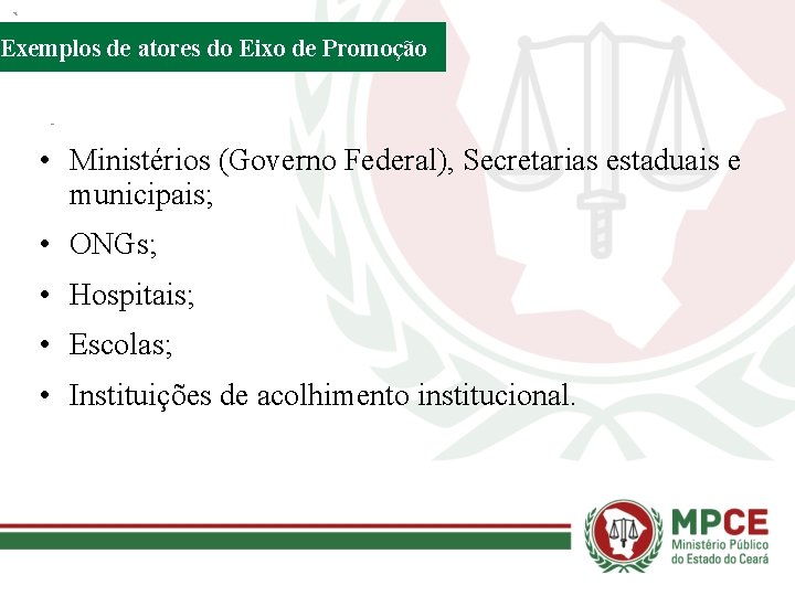 Exemplos de atores do Eixo de Promoção • Ministérios (Governo Federal), Secretarias estaduais e