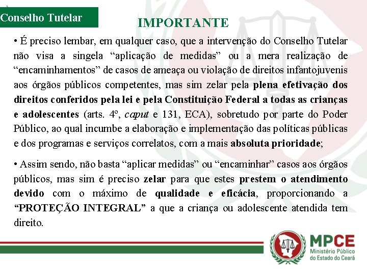 Conselho Tutelar IMPORTANTE • É preciso lembar, em qualquer caso, que a intervenção do