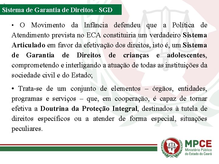 Sistema de Garantia de Direitos - SGD • O Movimento da Infância defendeu que