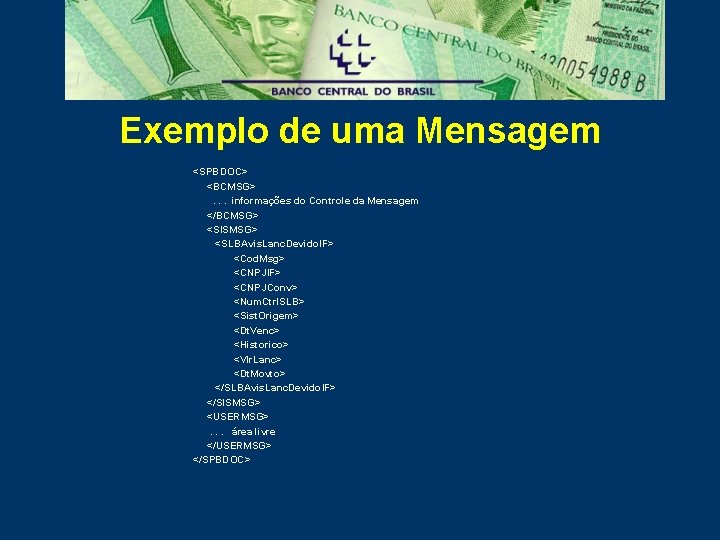 Exemplo de uma Mensagem <SPBDOC> <BCMSG>. . . informações do Controle da Mensagem </BCMSG>