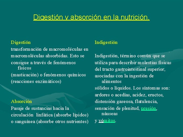Digestión y absorción en la nutrición. Digestión transformación de macromoléculas en macromoléculas absorbidas. Esto