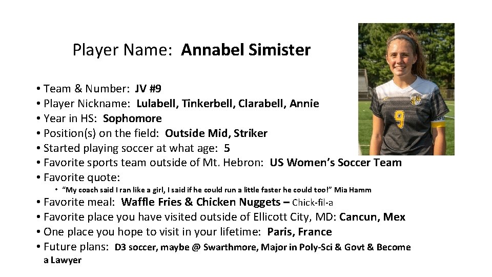 Player Name: Annabel Simister • Team & Number: JV #9 • Player Nickname: Lulabell,